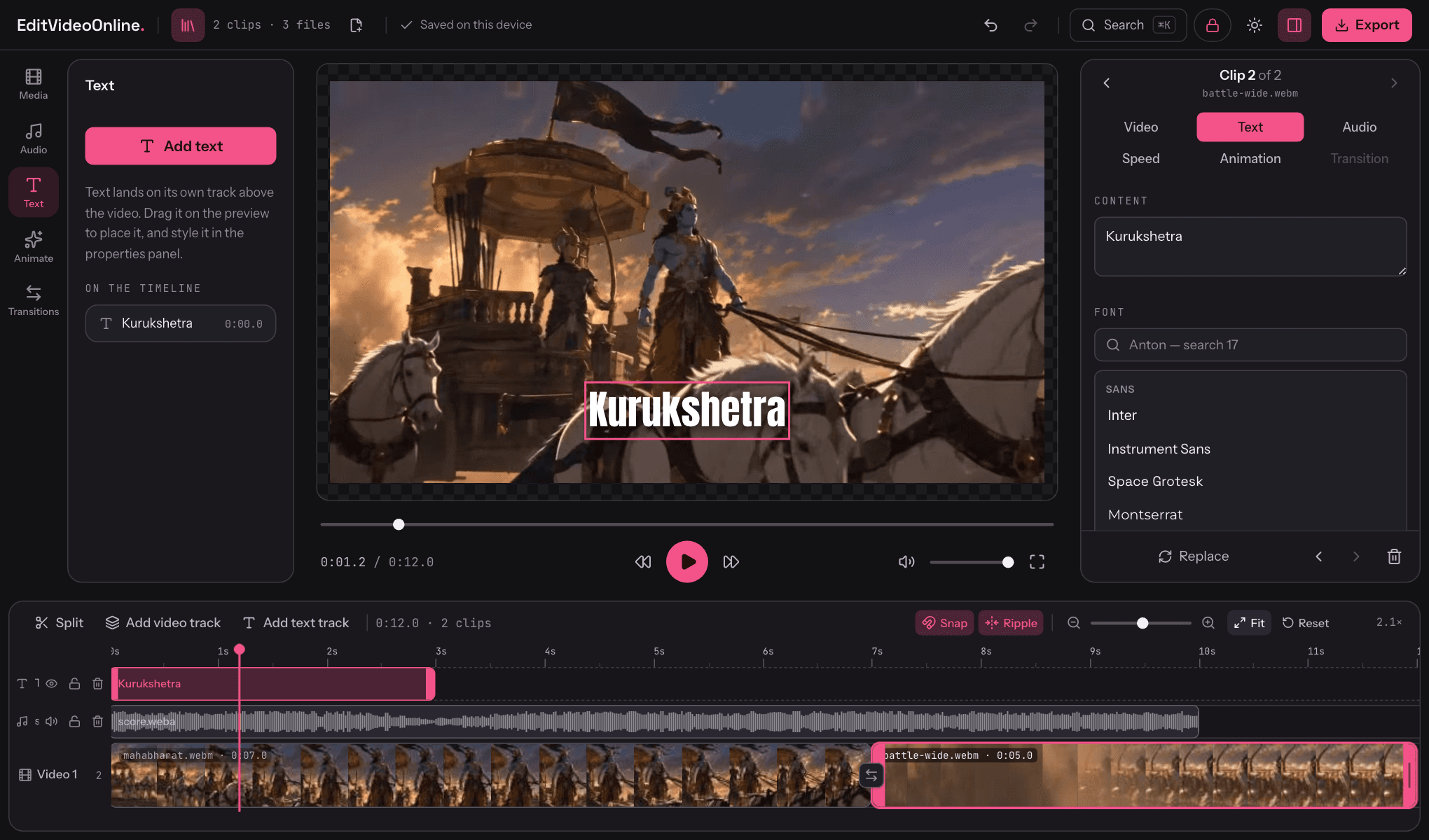 The EditVideoOnline editor with two clips, a caption and a music track on the timeline