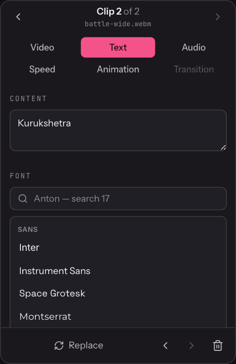 Text panel with the caption content, a font search and the built-in typefaces